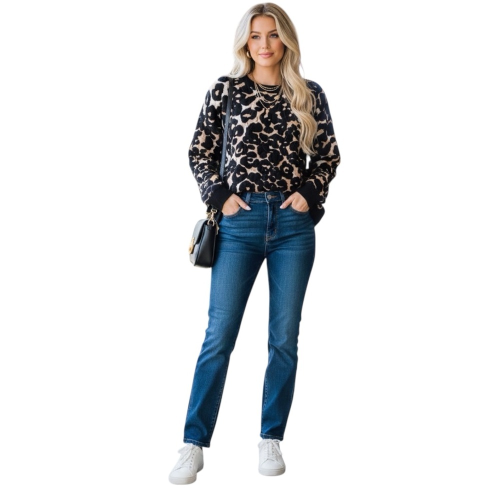 Vince Camuto Leopard Oversized Sweater Textured Animal Print Crew Top Neutral L - Picture 10 of 15